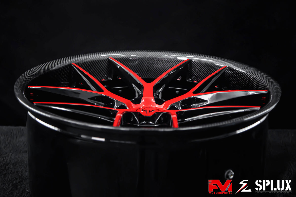 C8 Corvette forged wheels with a 2-piece barrel and red spoke accents