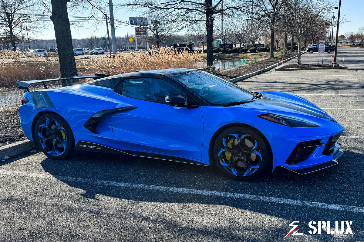 SC-07M forged wheels front three-quarter view on a Rapid Blue 2023 Corvette C8 Z51