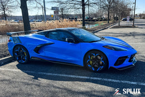 SC-07M forged wheels front three-quarter view on a Rapid Blue 2023 Corvette C8 Z51