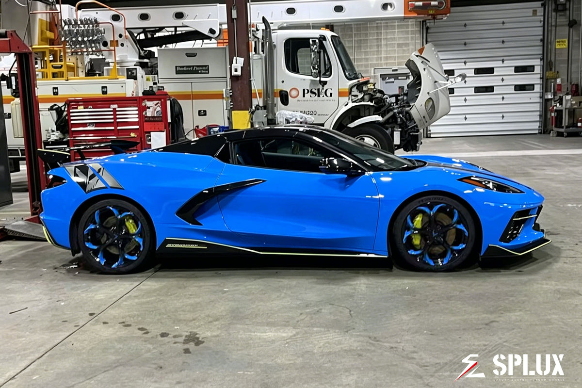 SC-07M forged wheels side profile showing color-matched monoblock fitment on Corvette C8
