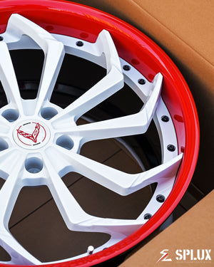 SA-08 C8 Corvette wheels close-up gloss red lip detailing precision finish