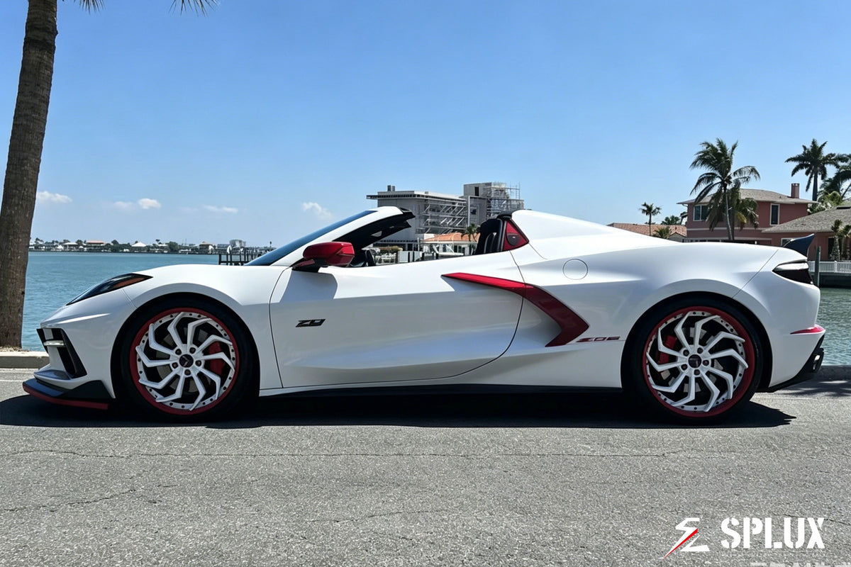 2023 Corvette Stingray SA-08 wheels front three-quarter view on Arctic White C8 Corvette