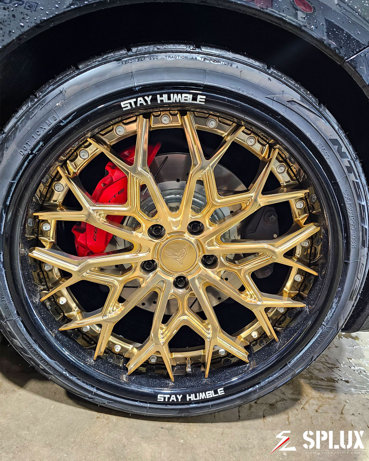 2023 Corvette C8 Stingray with corvette gold wheels featuring SD-08 forged 2-piece rims in polished frozen gold and piano black barrel