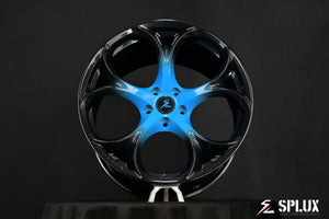 SC-07M forged wheels close-up carbon flash metallic black to rapid blue fade spokes detail