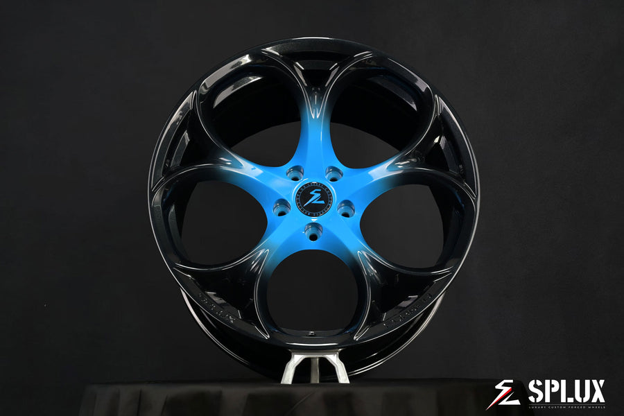 SC-07M forged wheels close-up carbon flash metallic black to rapid blue fade spokes detail