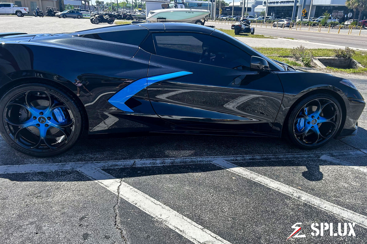 2024 Corvette C8 Stingray SC-07M wheels front three-quarter view on black Chevrolet Corvette C8 Stingray Base