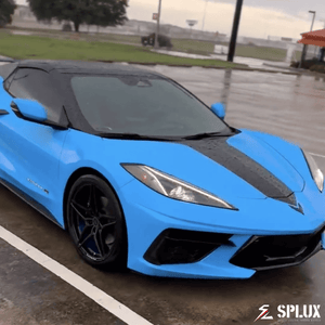 Corvette C8 Stingray Convertible in blue with Splux SC-03M rims showcasing deep concave design and split spokes.