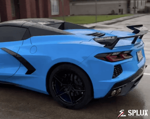 Brushed blue inner barrel wheels on Corvette C8 Stingray convertible featuring deep concave 5 split spoke rims.