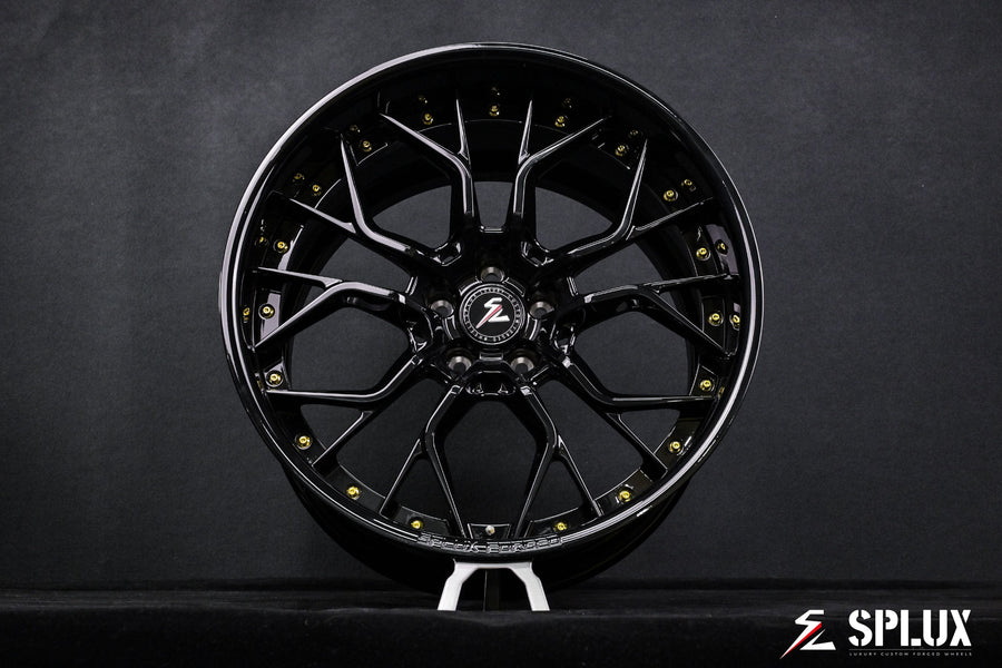 SD-16 C8 Corvette Z06 wheels rear angle stance shot emphasizing widebody presence