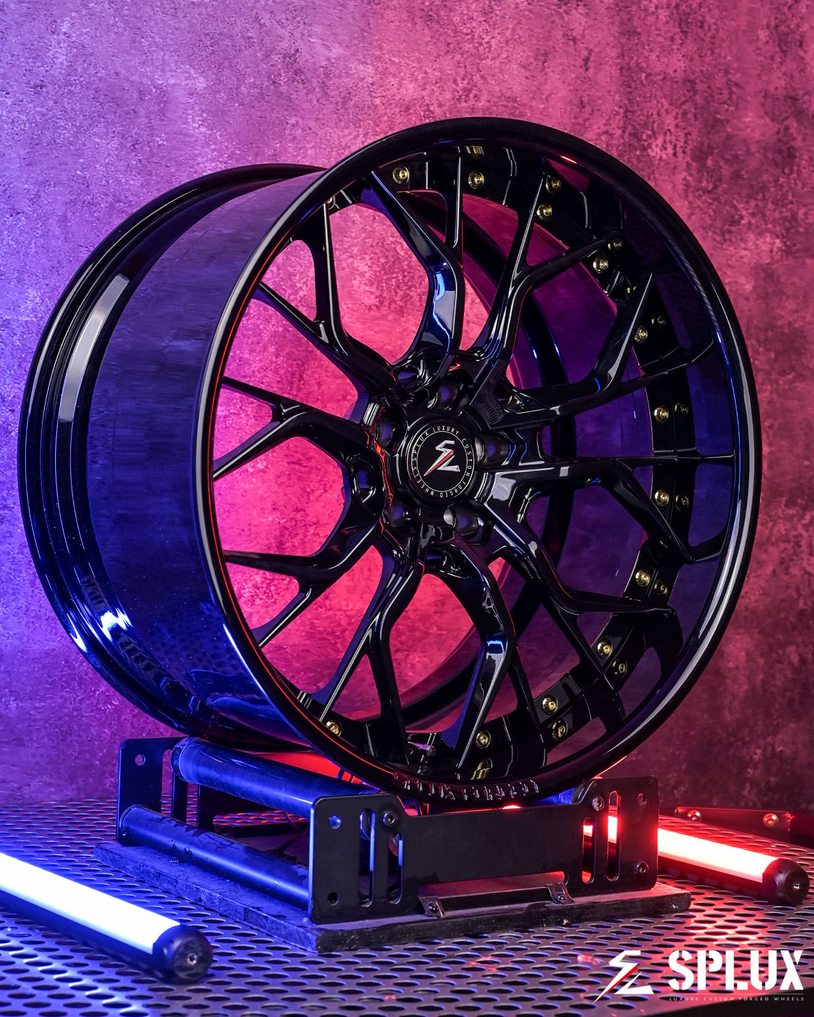 SD-16 C8 Corvette Z06 wheels gloss black hardware close-up precision machining detail