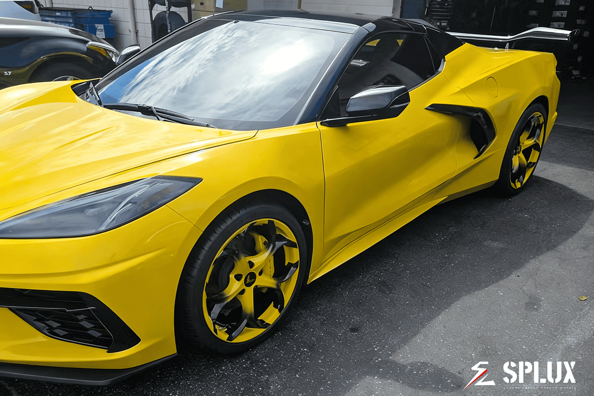 2025 Corvette Stingray with yellow corvette stingray black wheels, SC-07M forged monoblock with piano black fade to Competition Yellow spokes