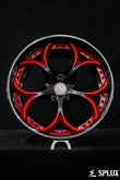 Front 20-inch SD-03 forged wheel with carbon flash barrel and dark red spokes
