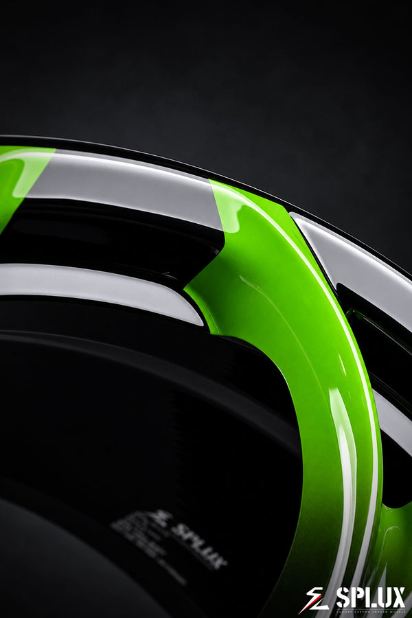 Custom ford mustang wheels on a 2025 Ford Mustang Dark Horse with neon green fading to piano black SC-07M forged wheels