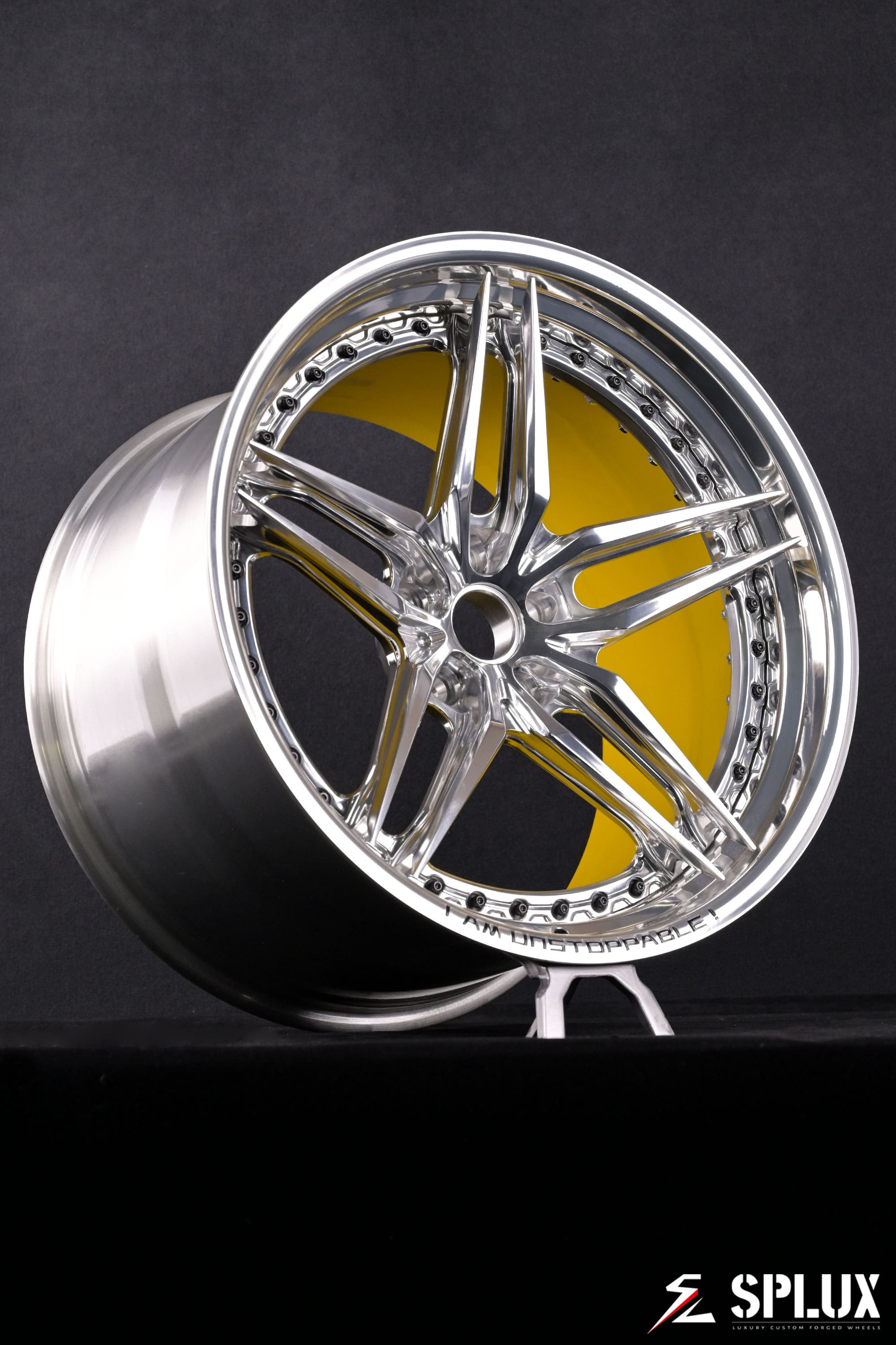 Custom engraving reading I AM UNSTOPPABLE! on the SA-01 forged wheel