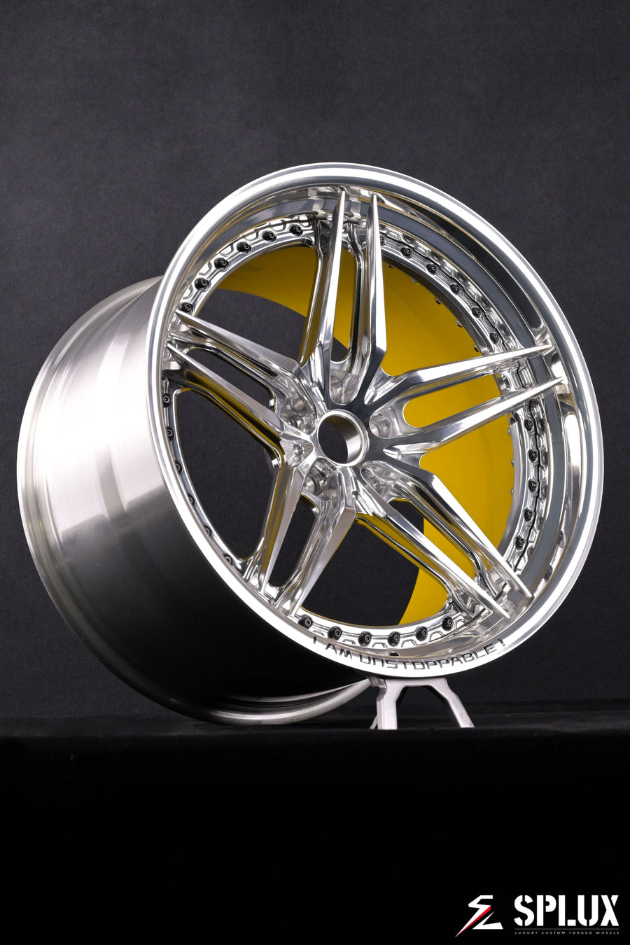 Custom engraving reading I AM UNSTOPPABLE! on the SA-01 forged wheel