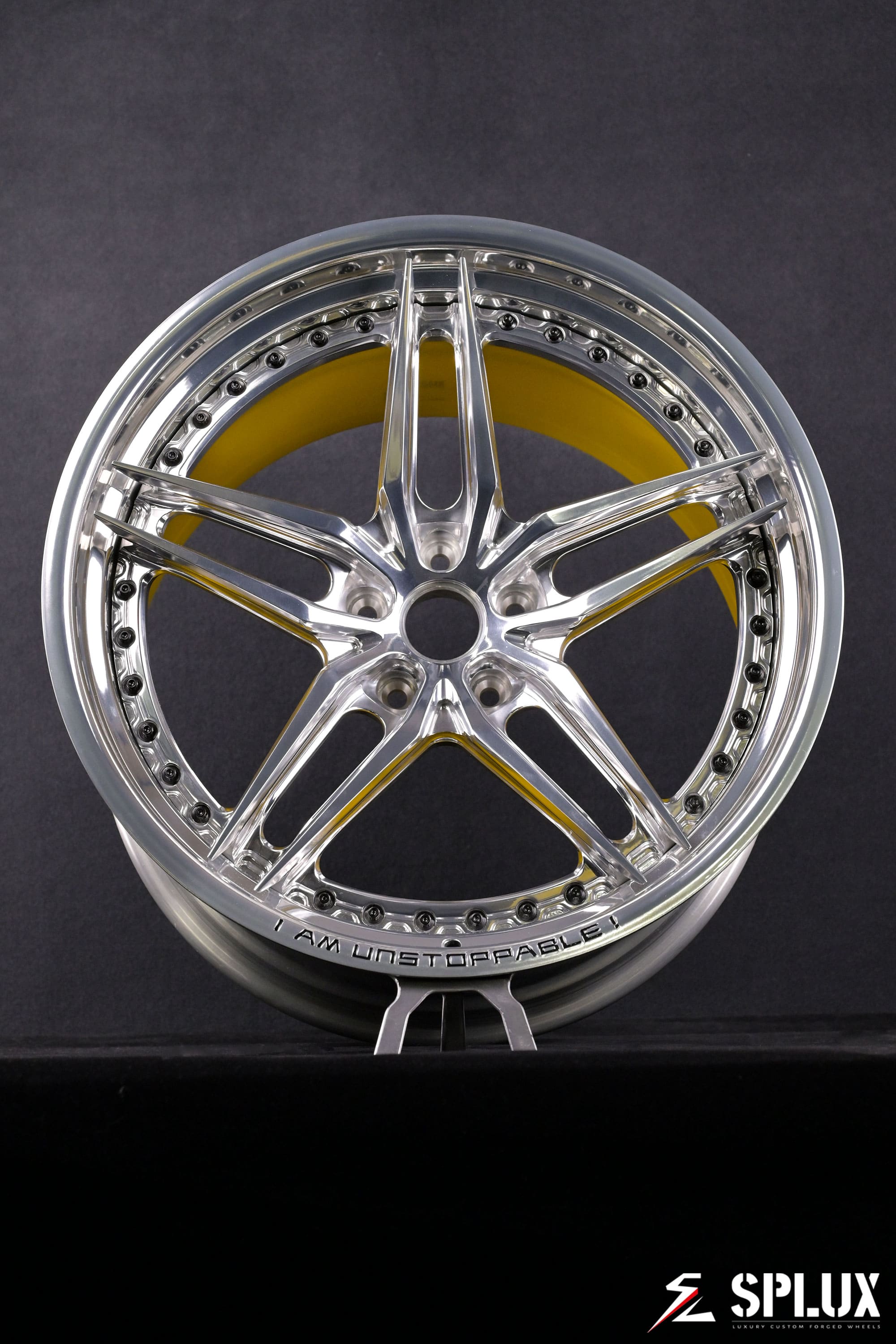 Polished spokes and gloss yellow inner barrel on the SA-01 2-piece forged wheel