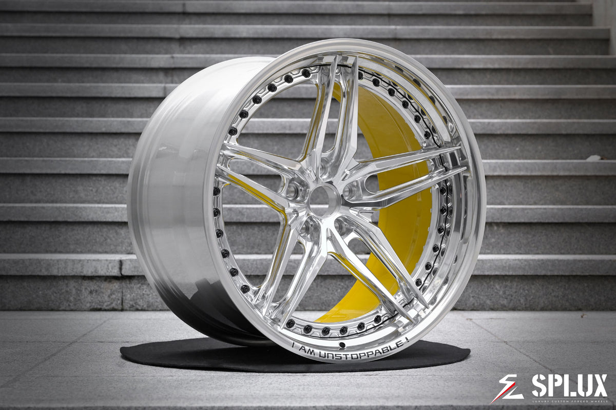 Corvette z06 rims with polished spokes and a gloss yellow inner barrel
