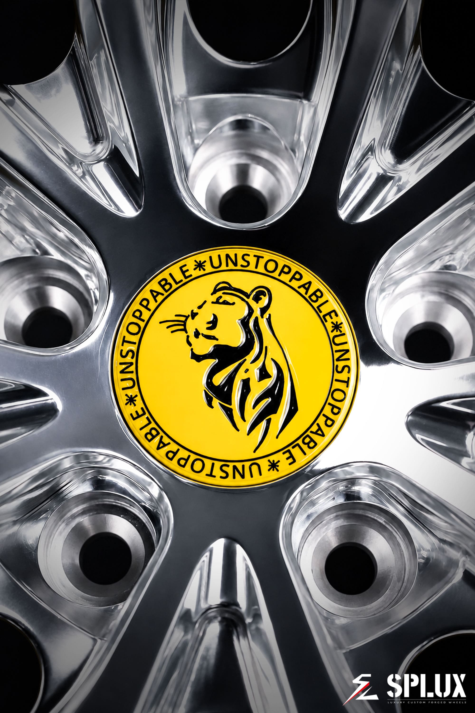 Front 20-inch SA-01 forged wheel with polished aluminum spokes and custom engraving