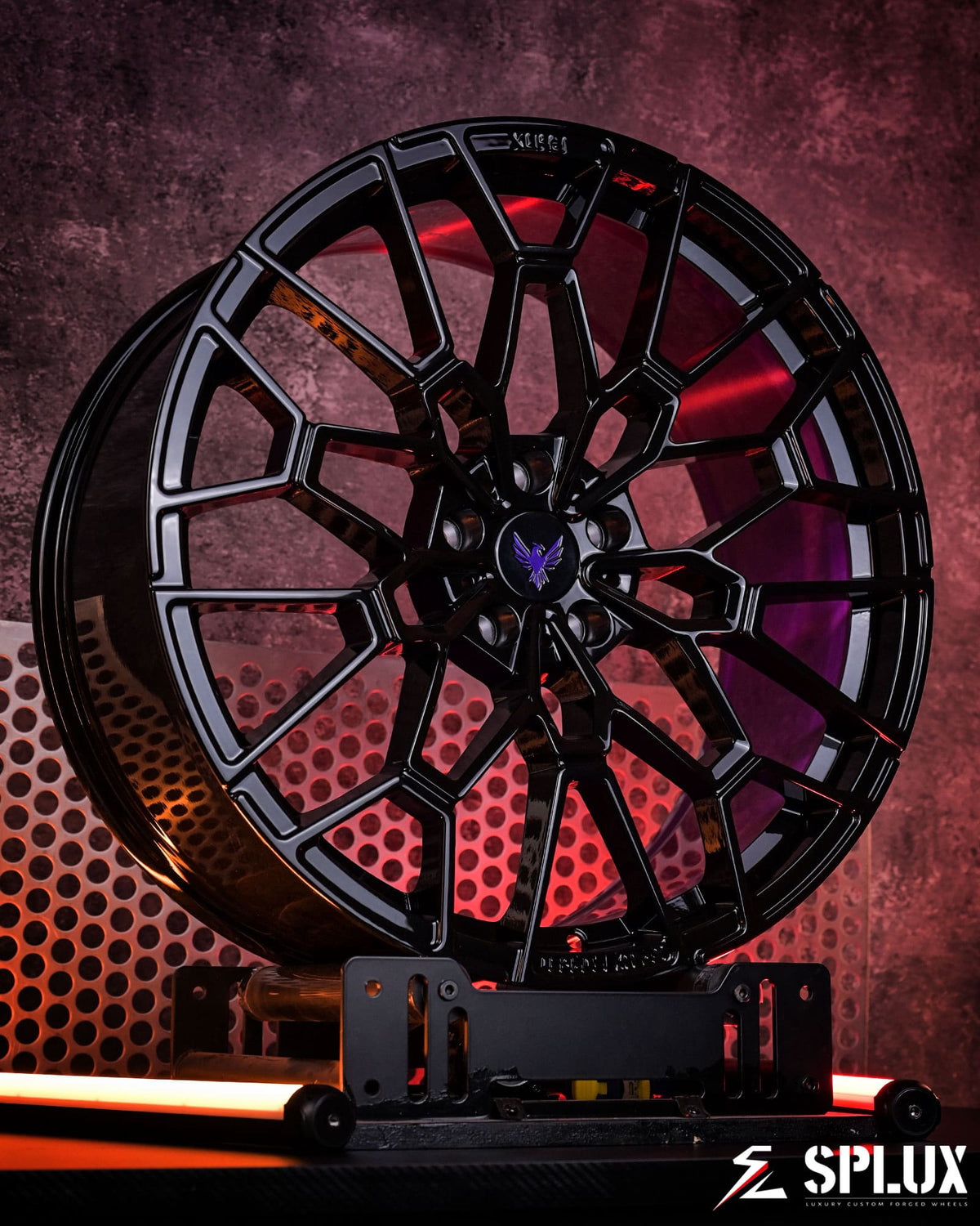 Lucid Gravity custom wheels black and purple finish detail