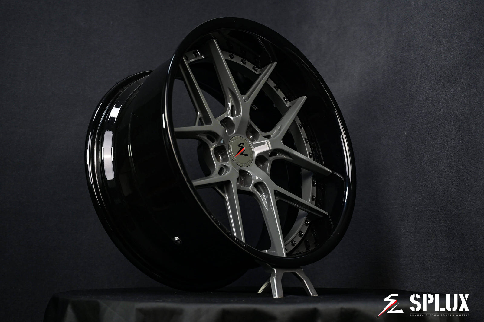 Splux SD-02 custom forged 2-piece 19-inch deep dish black rims for 1967 Chevy Camaro in Dodge Destroyer Grey.