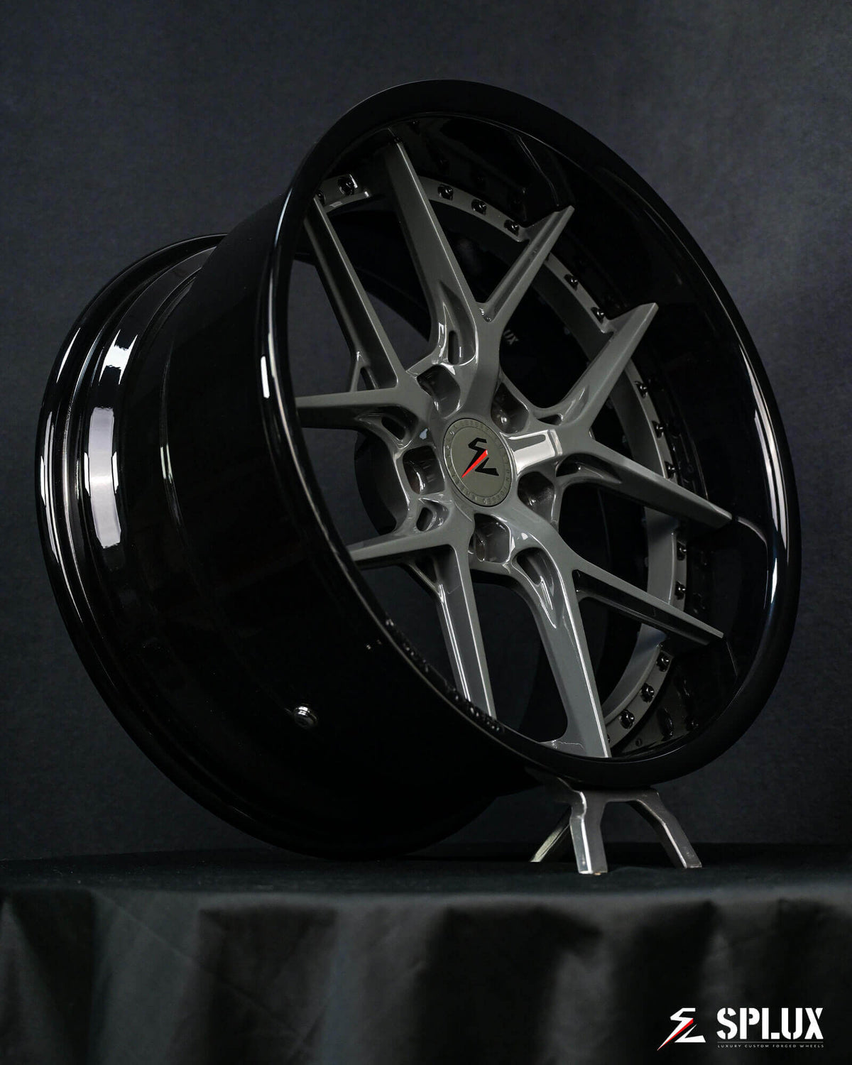 Splux SD-02 custom forged 2-piece 19-inch deep dish black rims for 1967 Chevy Camaro in Dodge Destroyer Grey.