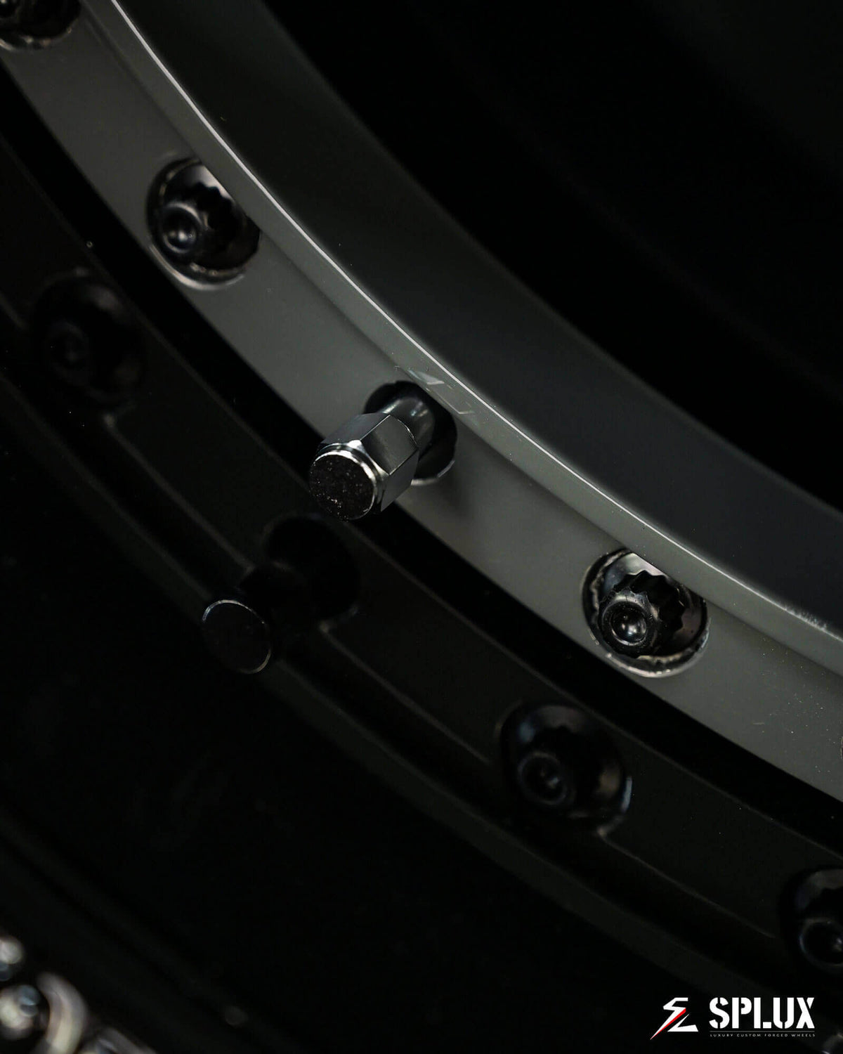 Splux SD-02 custom forged 2-piece 19" y-spoke black deep dish rims for 1967 Chevrolet Camaro in Destroyer Gray aftermarket finish.