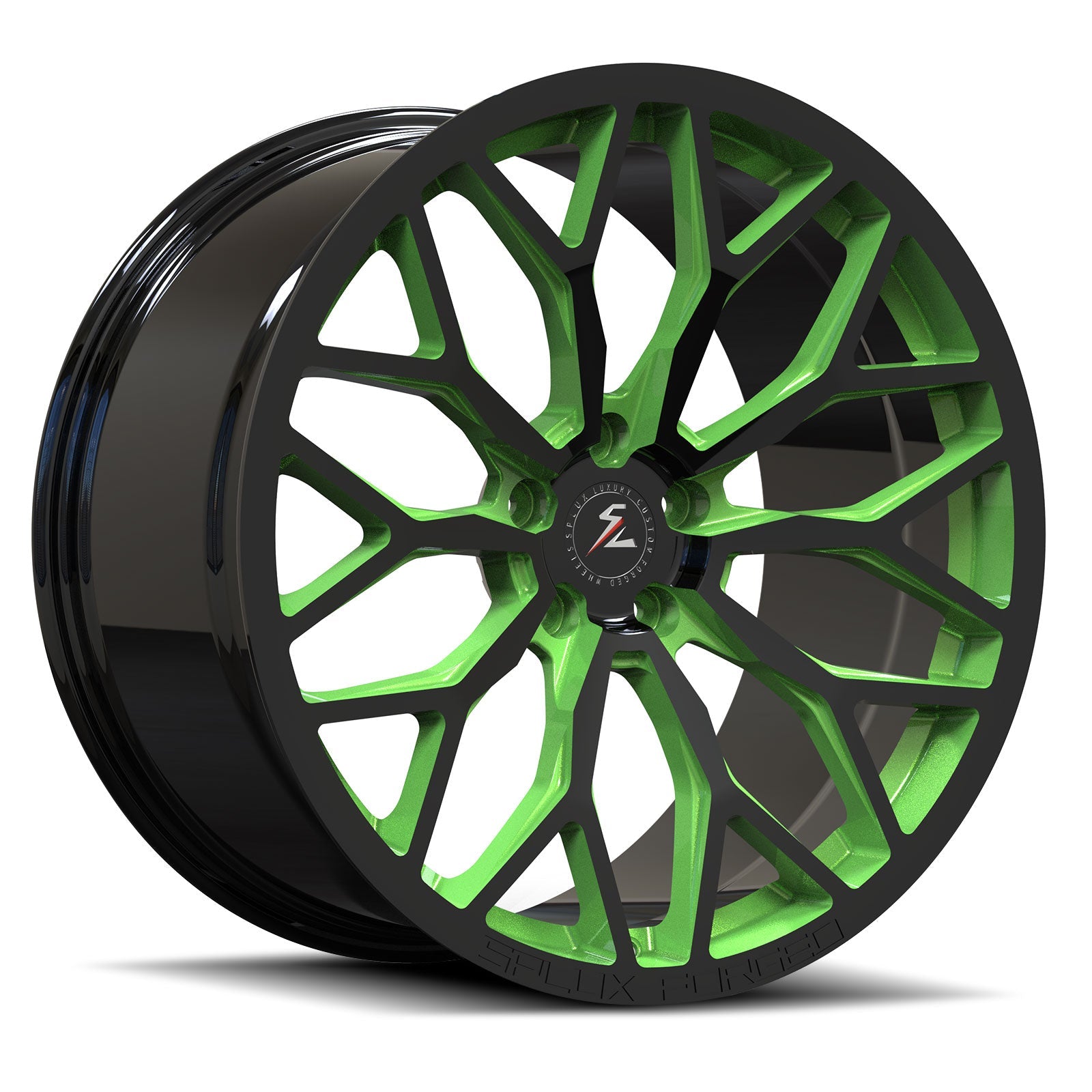 SC-14M black with apple green accents forged wheels for Sierra 1500 - deep concave custom alloys
