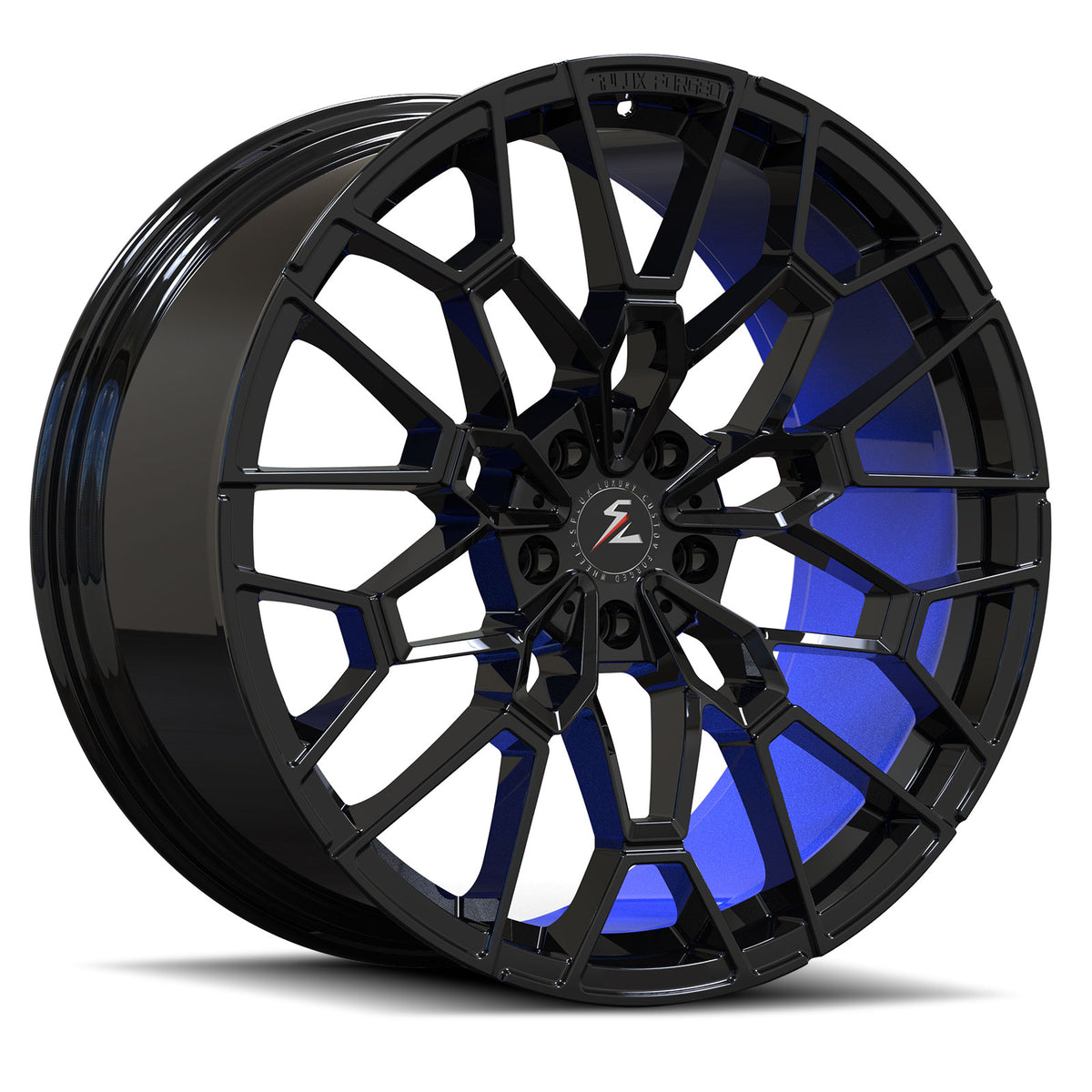 Lucid custom forged wheels SF-10 5-lug monoblock rims in black and blue finish