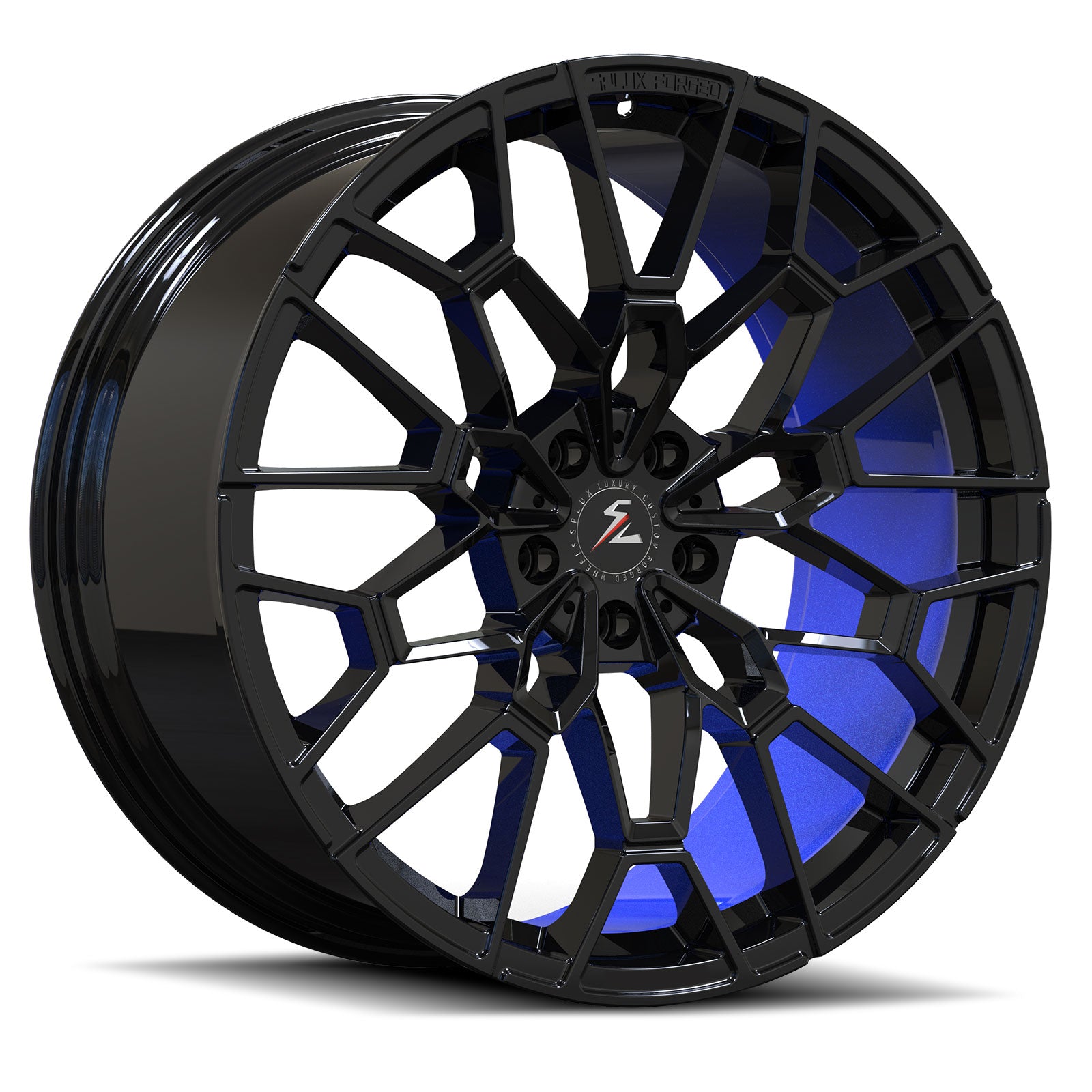 Lucid custom forged wheels SF-10 5-lug monoblock rims in black and blue finish