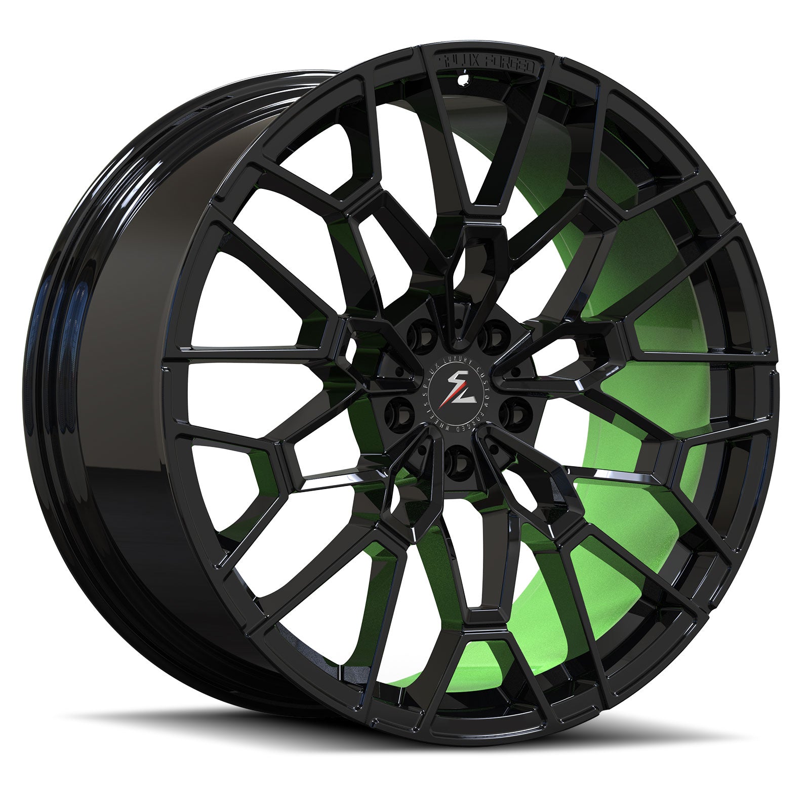 SF-10 5-lug forged rims for Lucid with black and red custom finish