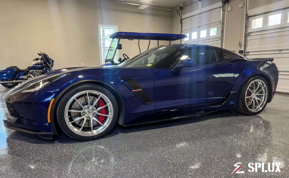 C7 Corvette in Elkhart Lake Blue Metallic featuring SPLUX SC-08M forged monoblock wheels, showcasing lightweight chrome design and concave style.