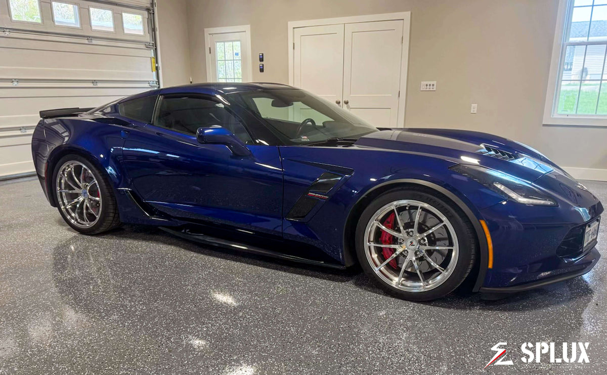C7 Corvette in Elkhart Lake Blue Metallic with Splux SC-08M forged monoblock wheels, showcasing lightweight and bespoke chrome concave design.