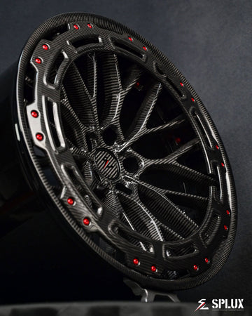 corvette carbon fiber wheels with red hardcores. Aero Ring deep dish y-spoke design, forged 2-piece luxury wheels. 