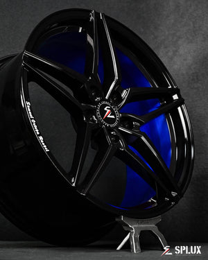 Upgrade your C8 with Splux SC-03M concave 5-spoke aftermarket wheels in brushed blue and black for a bold, custom look.