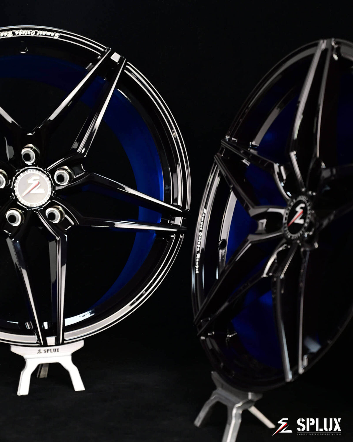 Splux SC-03M black Chevy rims with a brushed blue finish, featuring a 5-spoke design and deep concave for a bold, stylish look.