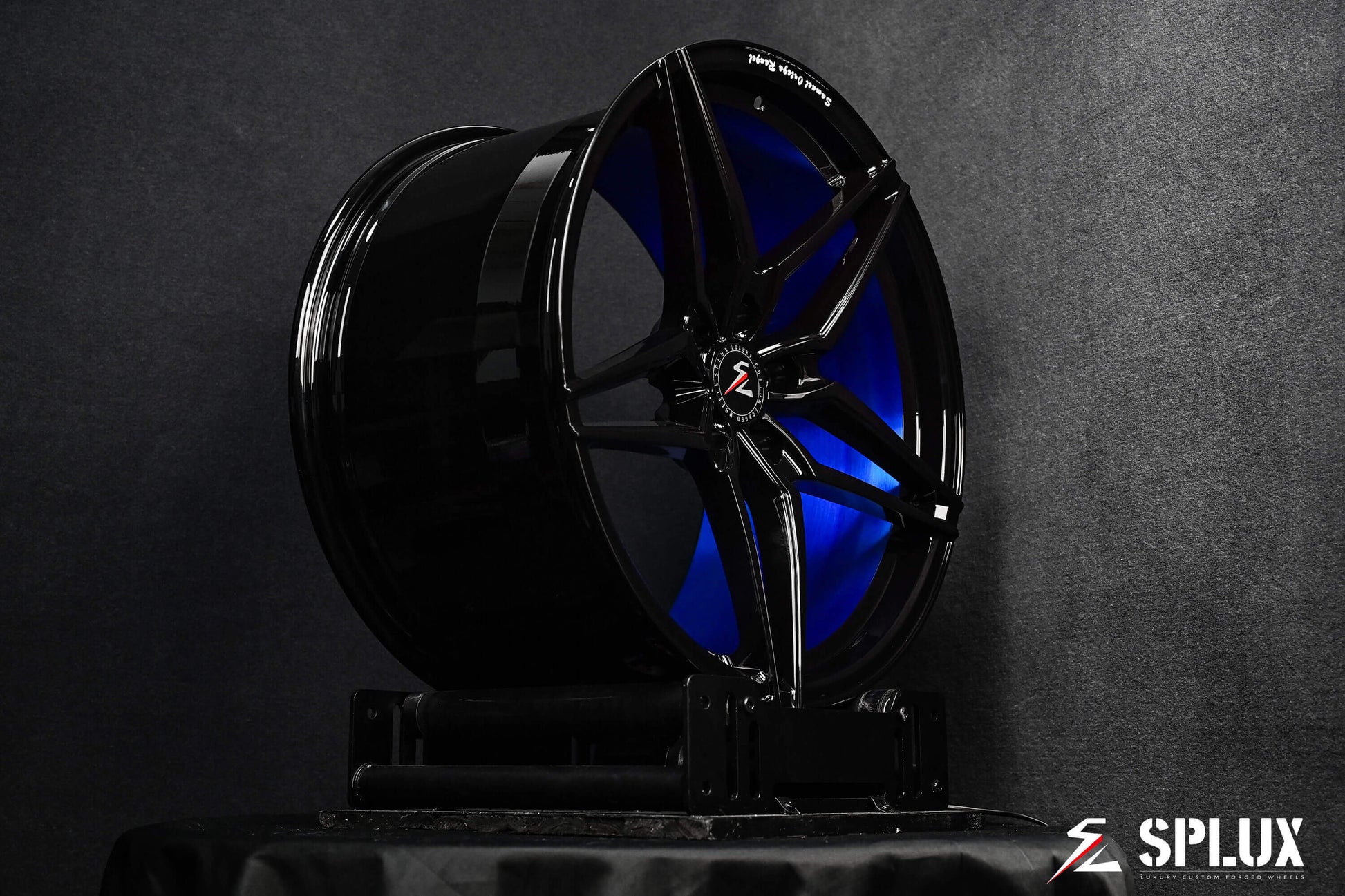 Upgrade your Corvette with Splux SC-03M black concave wheels, featuring a brushed blue finish and a sleek 5-spoke design, beyond OEM.