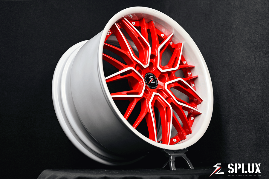 Splux SD-01 corvette c8 aftermarket wheels. Deep dish custom stingray wheels in 19/20-inch with red and white finish.